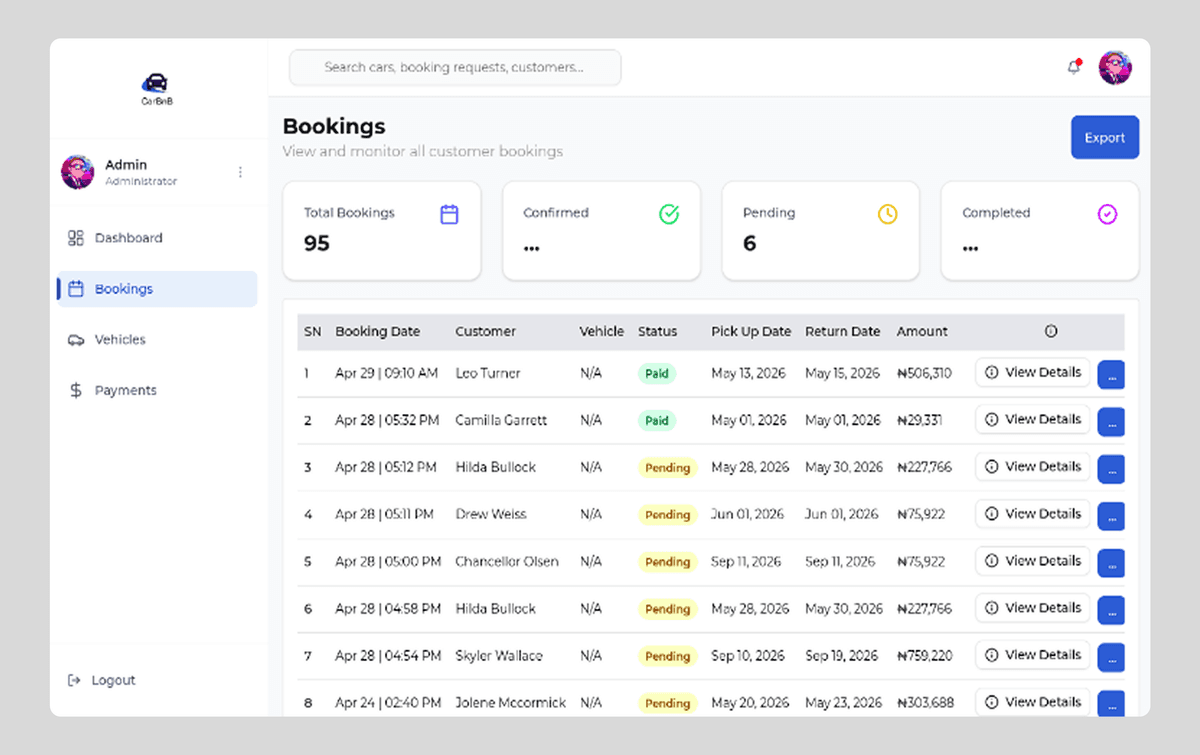 Booking management view showing all reservations