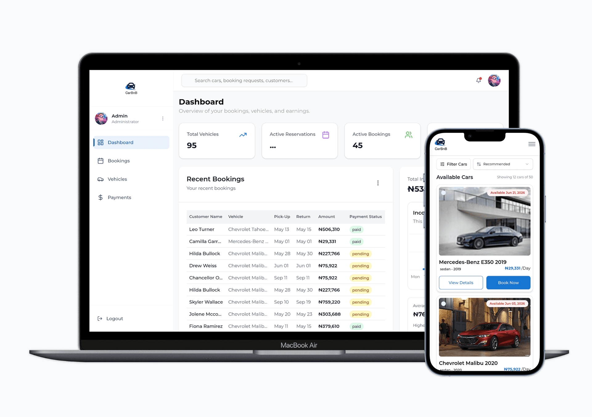 Dashboard showing real-time vehicle availability and booking management for car rental businesses
