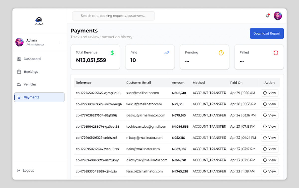 Payment tracking screen showing confirmed and pending payments