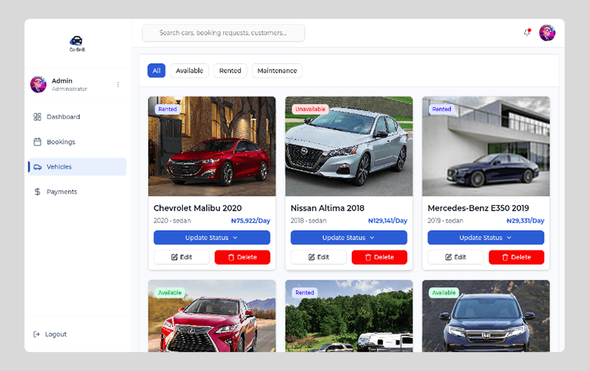 Fleet availability dashboard showing all vehicles and their status